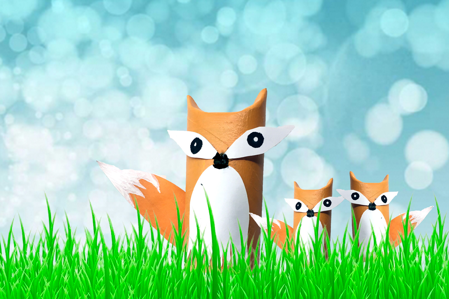 Tre orangea rävar på gräs, blå himmel med vita criklar
